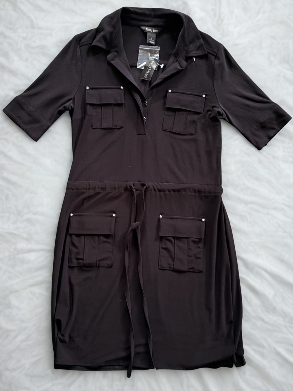 White House Black Market Black Utility Pocket Shirt Dress Drawstring 4 NWT